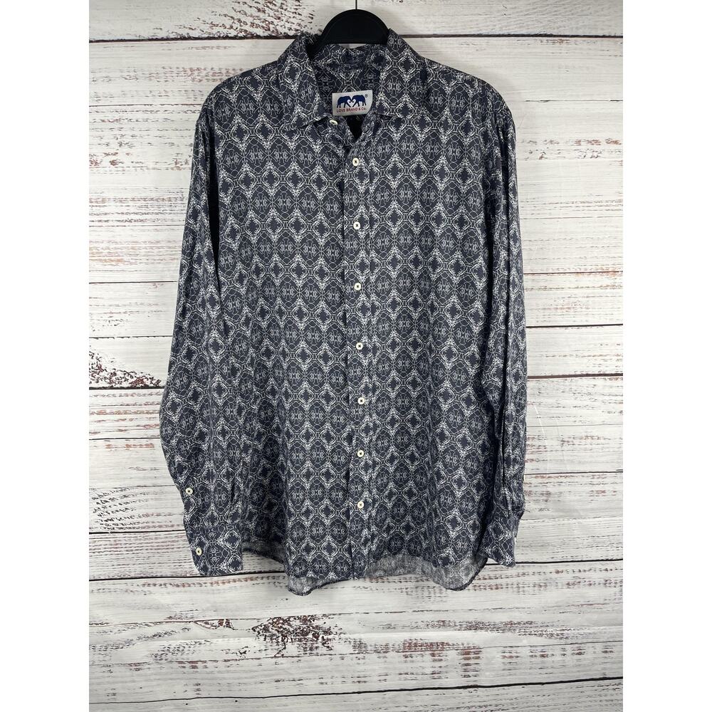 Love Brand & Co Shirt Mens Large Blue Linen Elephant Print Long Sleeve Button Up